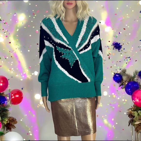 Vintage Sweater Geometric V Neck Green Glam by Sideffects M - Picture 8 of 9